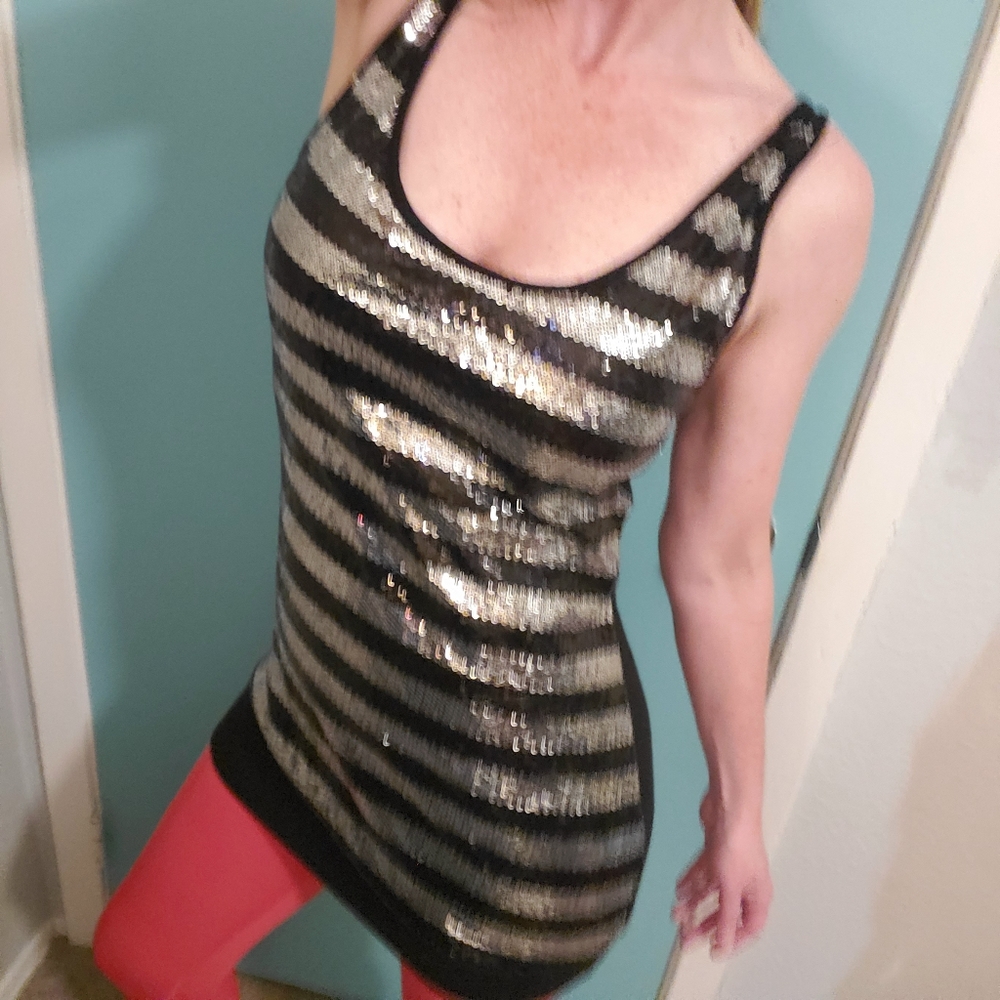 Sequin black & silver stripe tank or mini dress OMG sexy fun for Christmas party